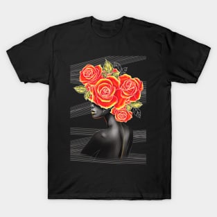 Black and white girl with color beautiful flowers in her head. T-Shirt